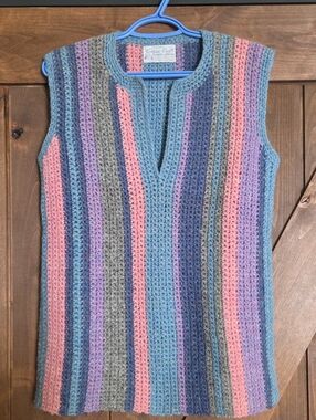 100% Wool Striped Crochet Sleeveless Sweater Vest in Blue/Pink